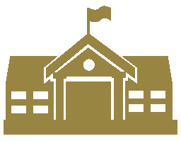 Gold image of a school building with flag raised