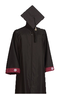 Black bachelors gown with maroon trim on arms with white ATM logos. Graduation cap with tassel at the top.
